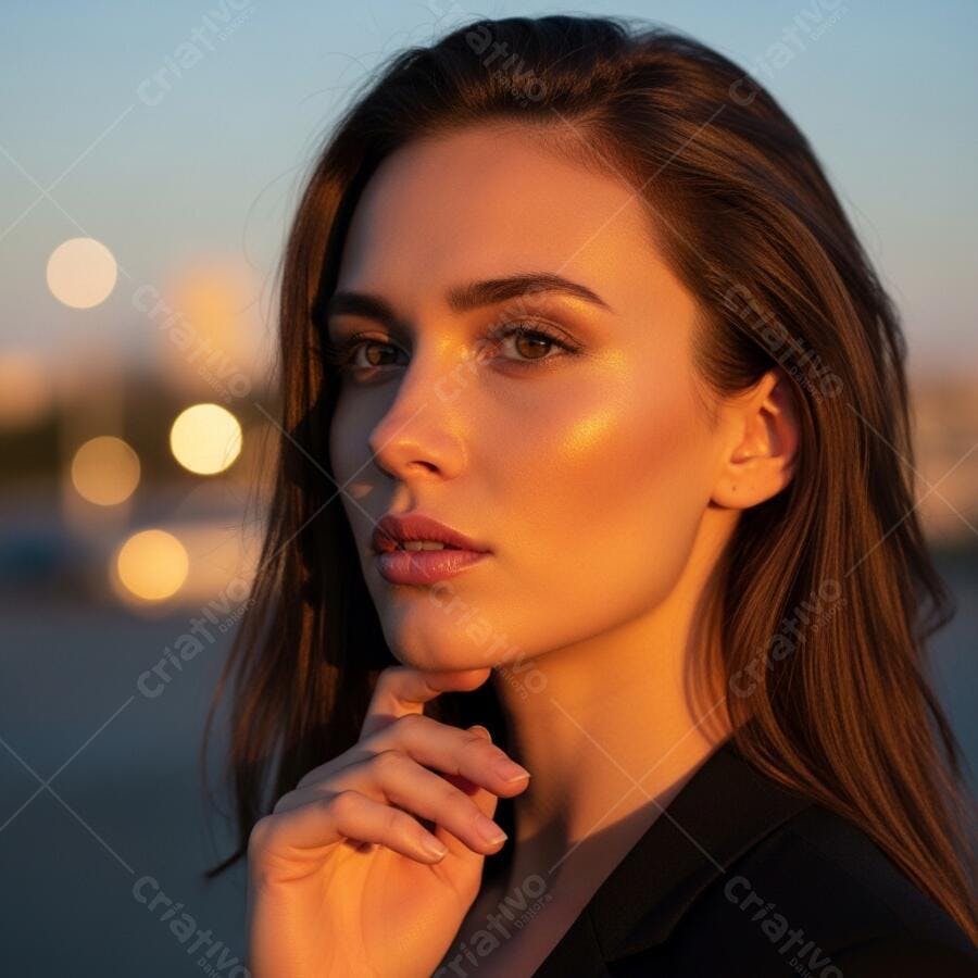 Foto Retrato Mulher Jovem Pensativa Iluminação Dourada Pôr do Sol