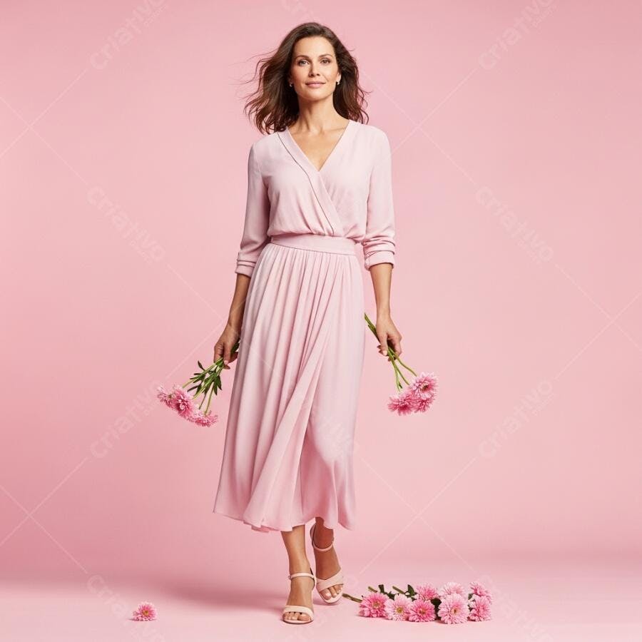 Foto Mulher Branca Vestido Rosa Segurando Flores Rosas Estúdio