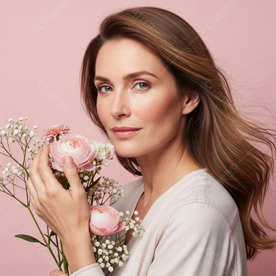 Foto Mulher Segurando Flores Rosas Fundo Rosa Estúdio