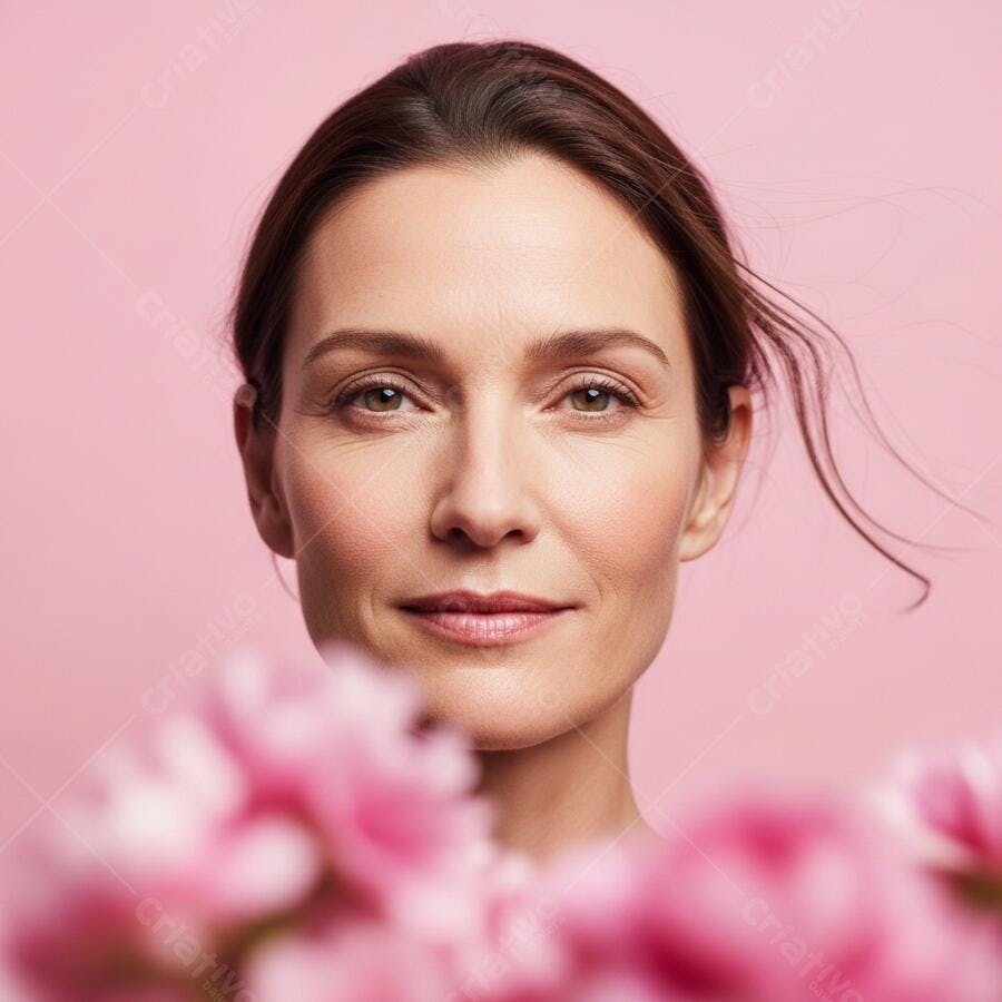 Foto Retrato Mulher Caucasiana Olhando Câmera Fundo Rosa Flores