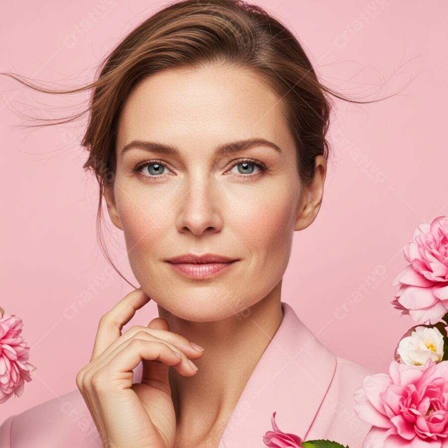 Foto Mulher Branca Jovem Sorrindo Cuidado com a Pele Fundo Rosa