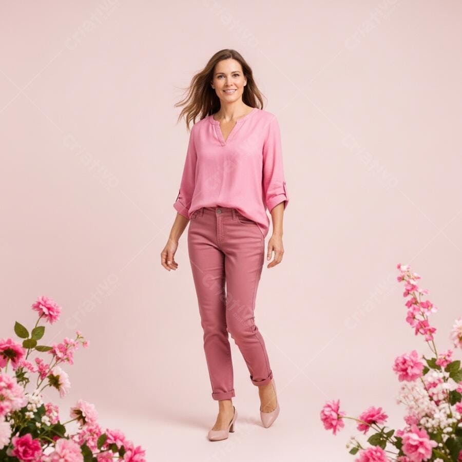Foto Mulher Sorrindo Roupas Rosa Fundo Rosa Flores