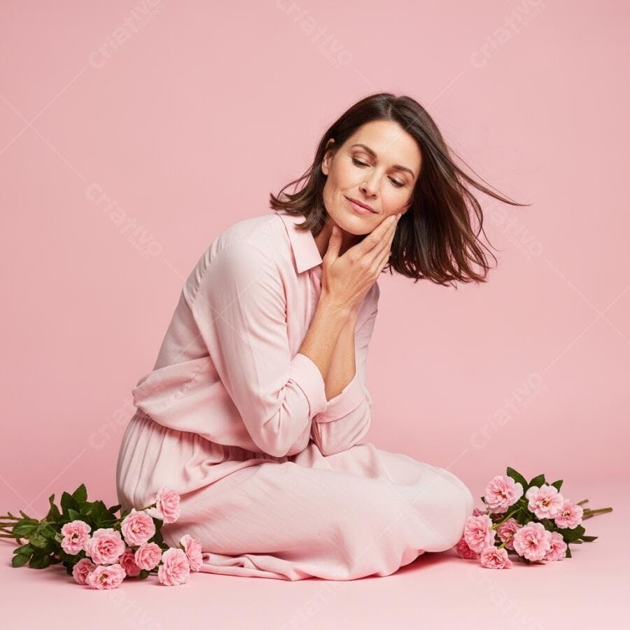 Foto Mulher Jovem Relaxando Rosas Rosadas Fundo Rosa Estúdio