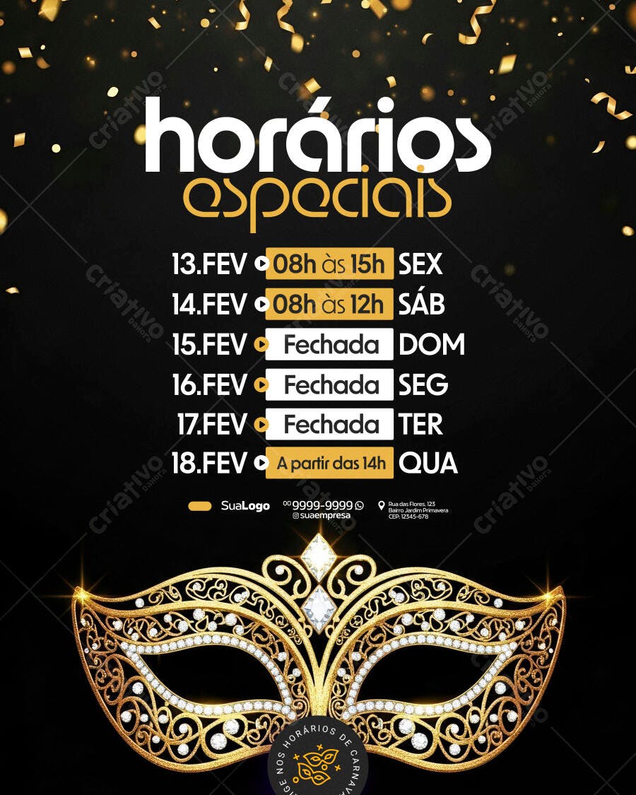 Post Instagram Horários Carnaval Fevereiro PSD Editável