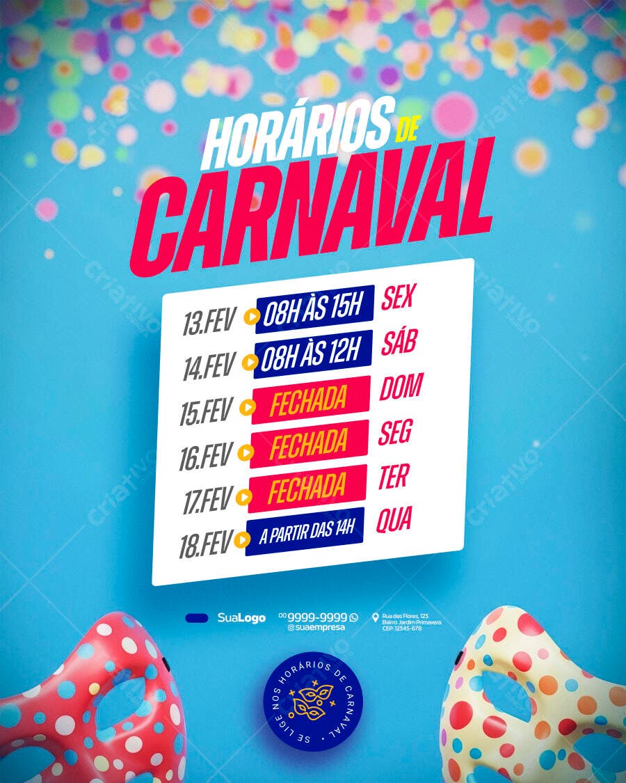 Flyer Horários de Carnaval Fevereiro PSD Editável
