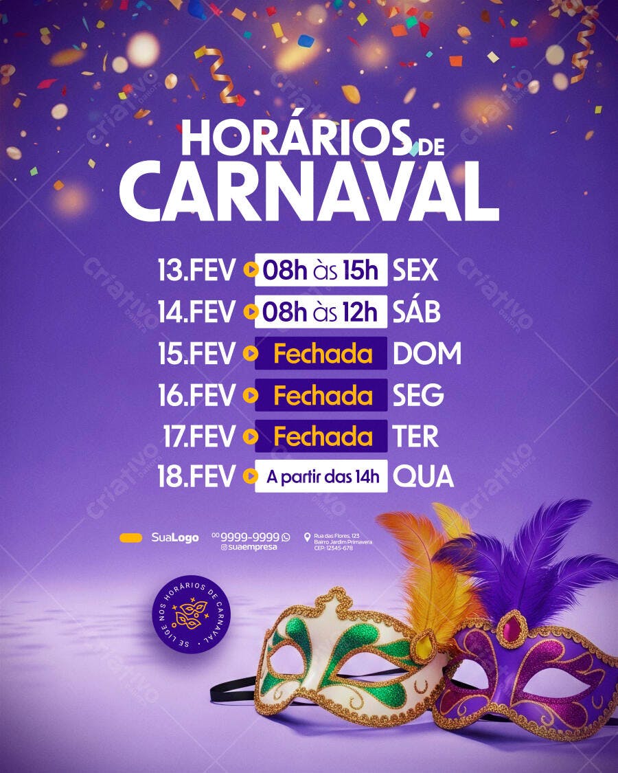 Flyer Horários de Carnaval Fevereiro PSD Editável