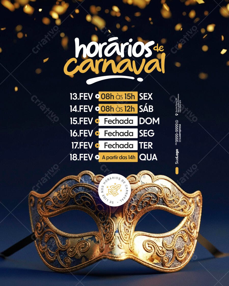 Post Instagram Horários de Carnaval Fevereiro PSD Editável