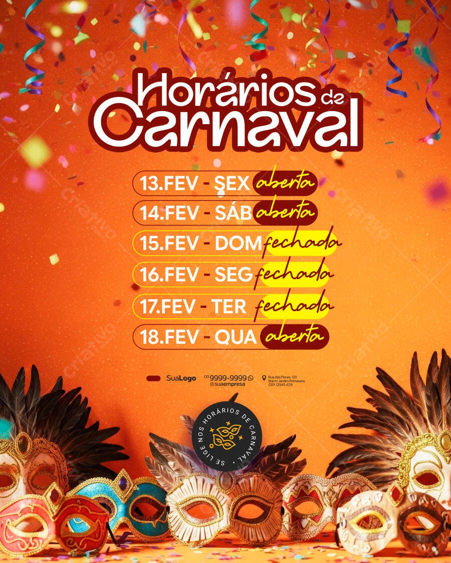 Post Horários Carnaval Fevereiro PSD Editável