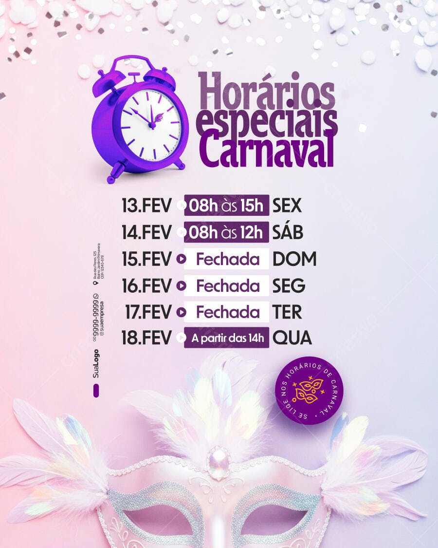Post Instagram Horários Carnaval Fevereiro PSD Editável