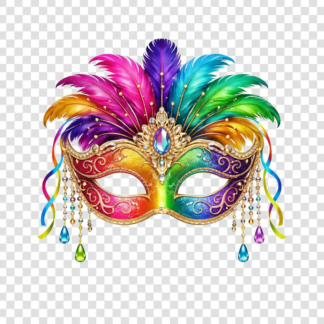 Ilustração Máscara de Carnaval Colorida com Penas PNG Fundo Transparente