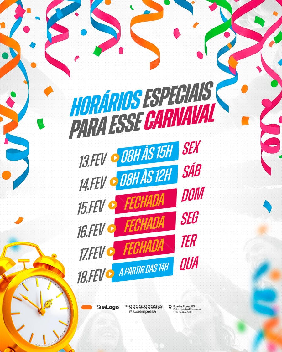 Flyer Horários Carnaval Fevereiro PSD Editável