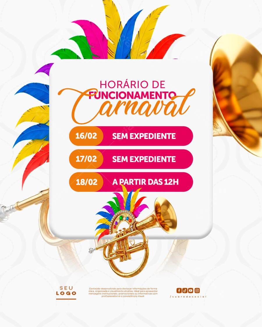 Post Instagram Horário Carnaval Fevereiro PSD Editável