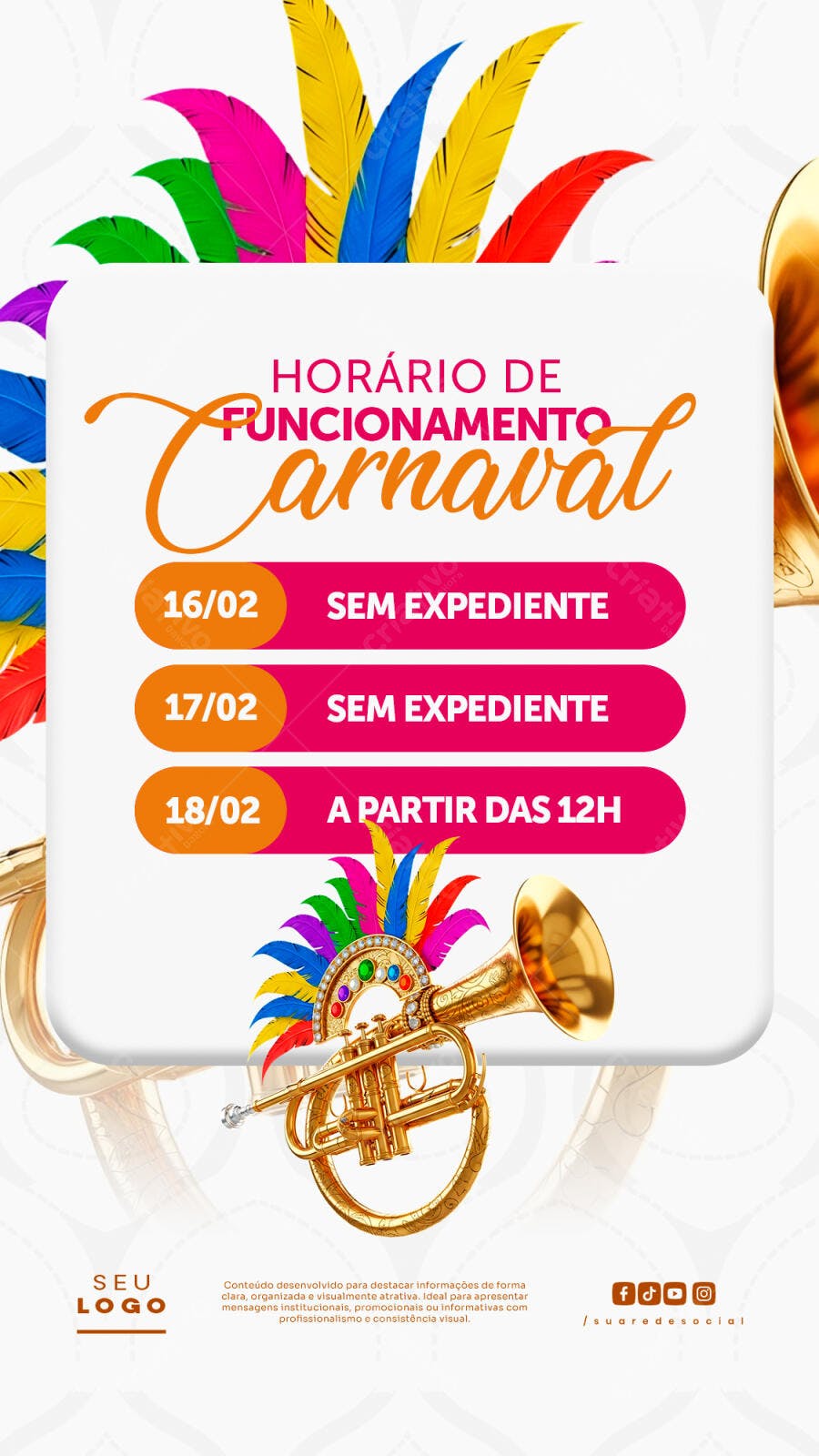 Post Instagram Horário Carnaval Fevereiro PSD Editável