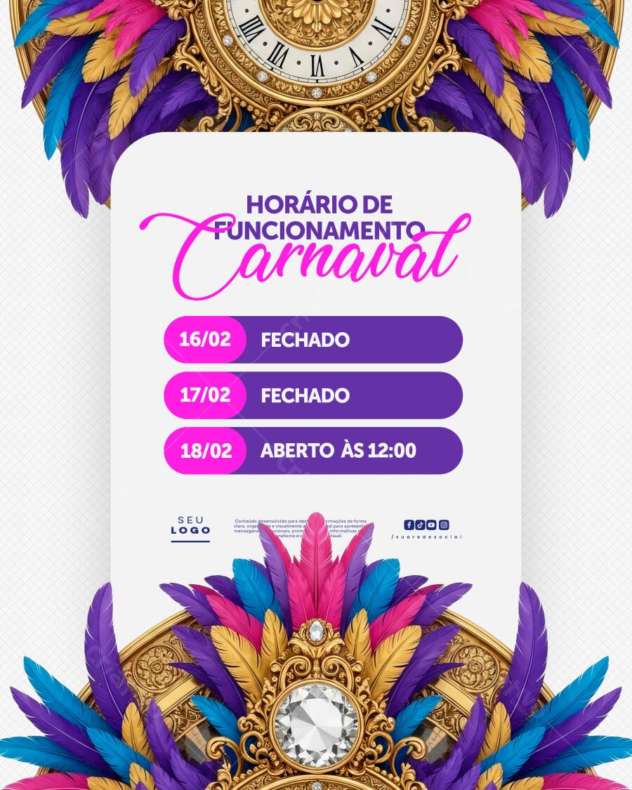 Post Instagram Horário Funcionamento Carnaval PSD Editável