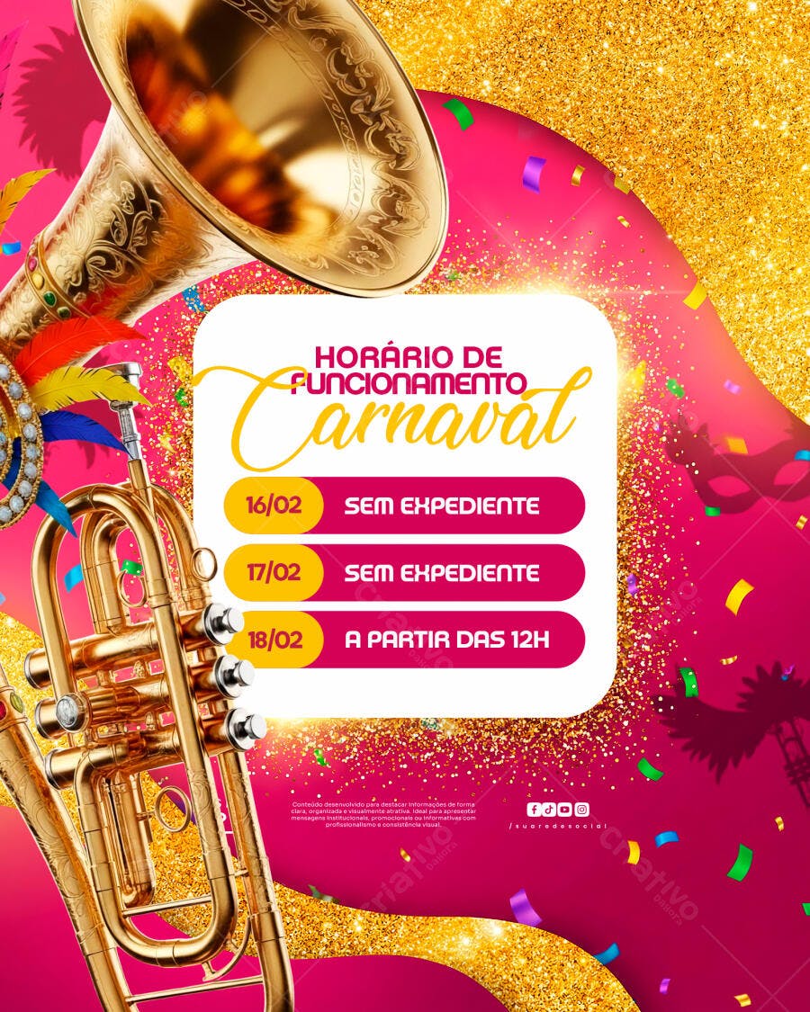 Flyer Horário Funcionamento Carnaval Fevereiro PSD Editável