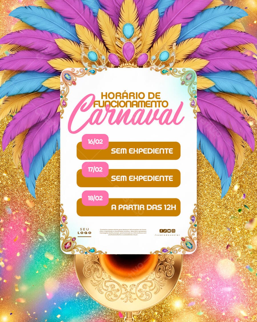 Post Instagram Horário Carnaval Fevereiro PSD Editável