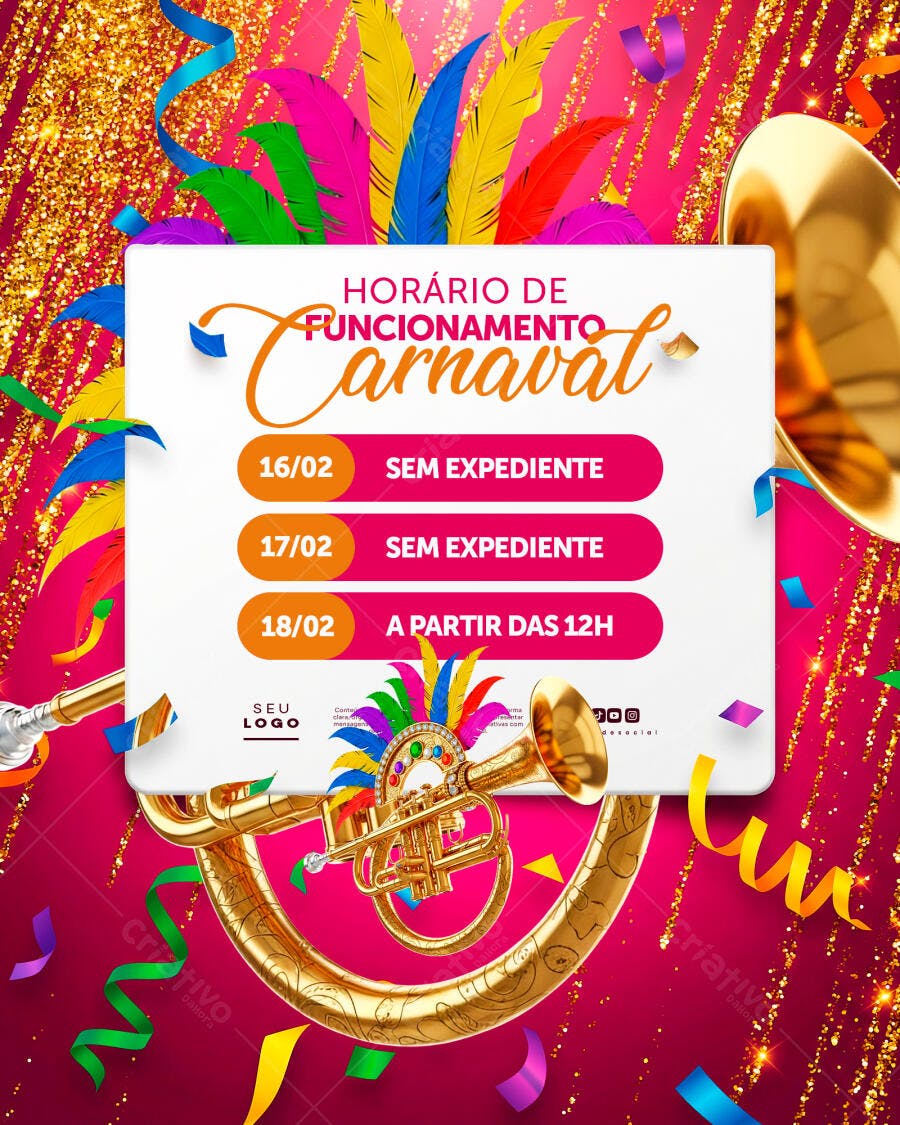 Post Instagram Horário Funcionamento Carnaval PSD Editável
