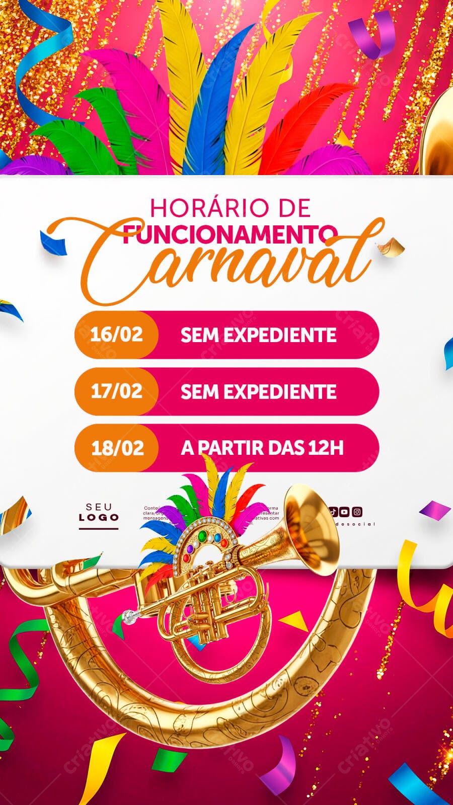 Story Instagram Horário Carnaval Fevereiro PSD Editável