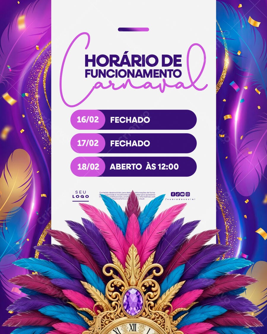 Post Instagram Carnaval Horário Funcionamento PSD Editável