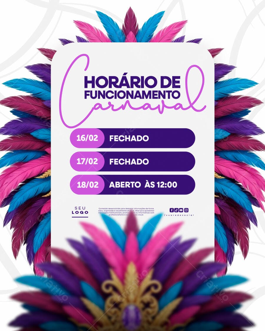 Post Instagram Horário de Funcionamento Carnaval PSD Editável