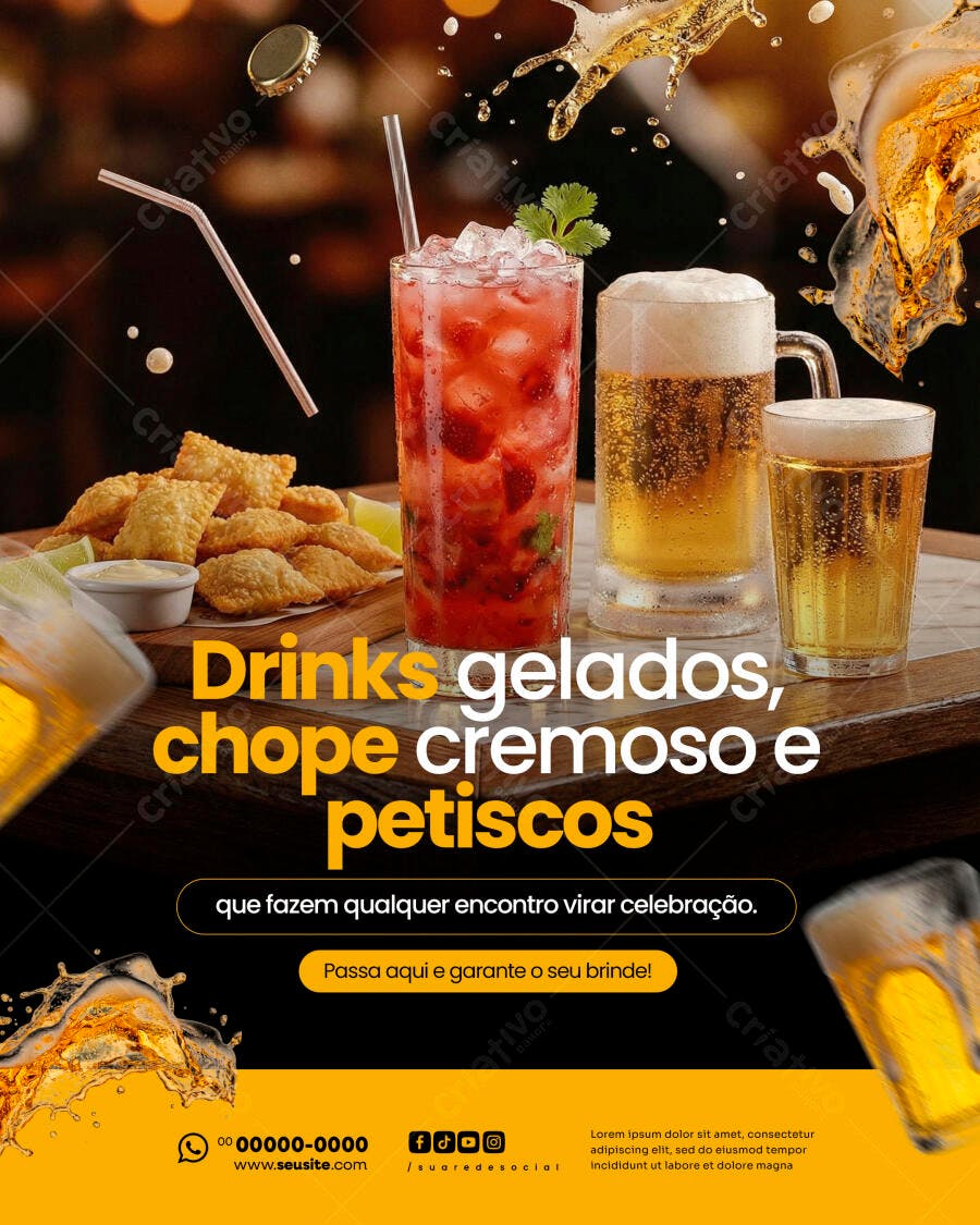 Post Instagram Bar Restaurante Drinks Petiscos PSD Editável