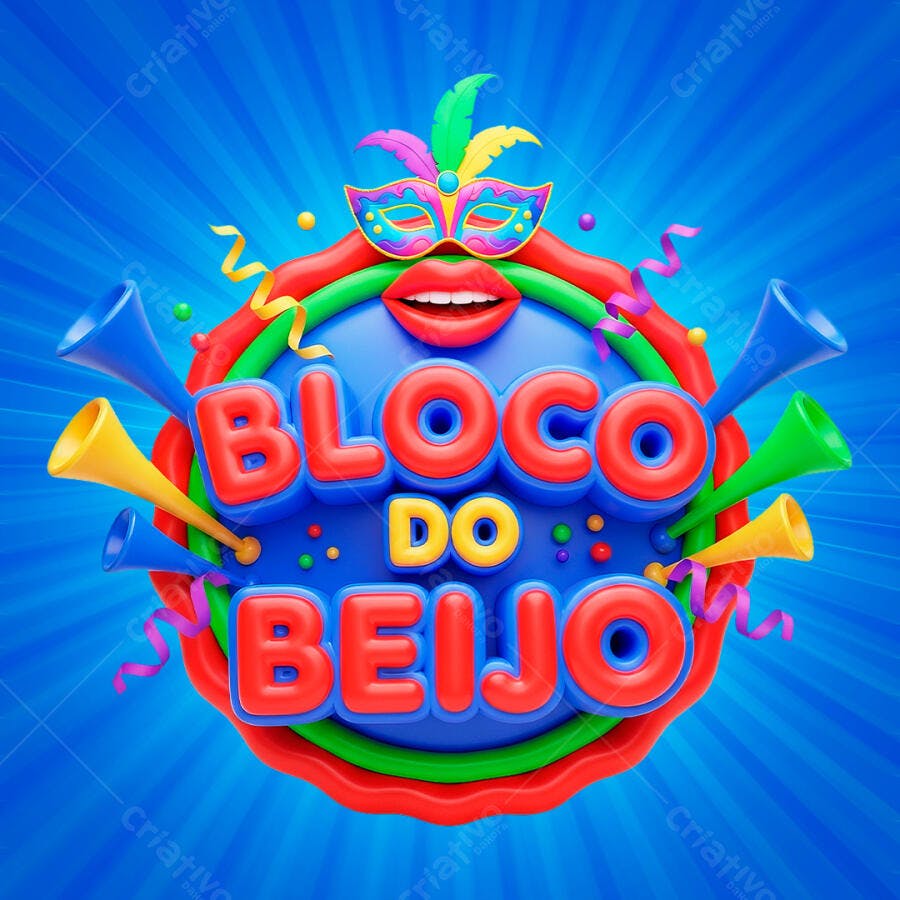 Selo 3D Bloco do Beijo Carnaval Azul Vermelho PNG Transparente