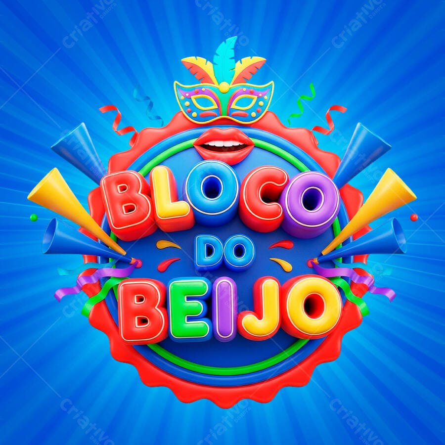 Selo 3D Bloco do Beijo Carnaval Máscara e Serpentina PNG