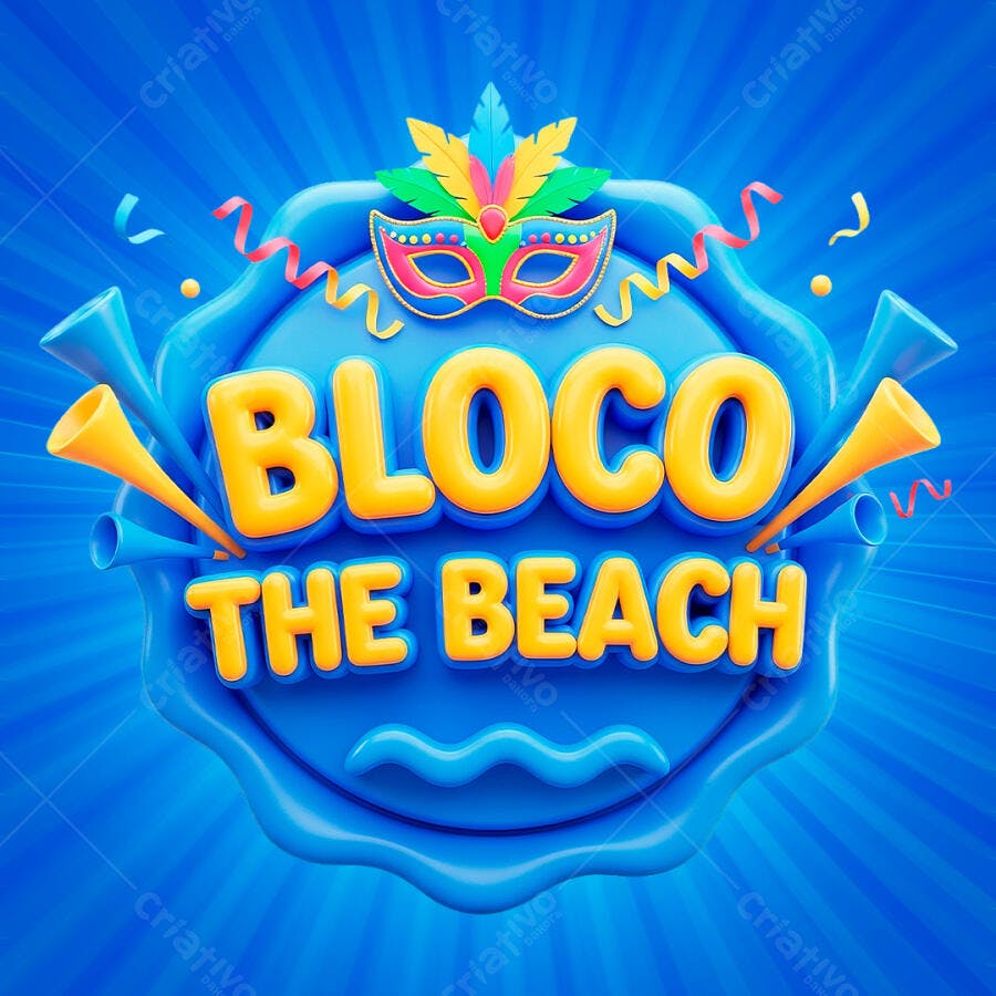 Selo 3D Carnaval Bloco The Beach Azul e Amarelo PNG Transparente