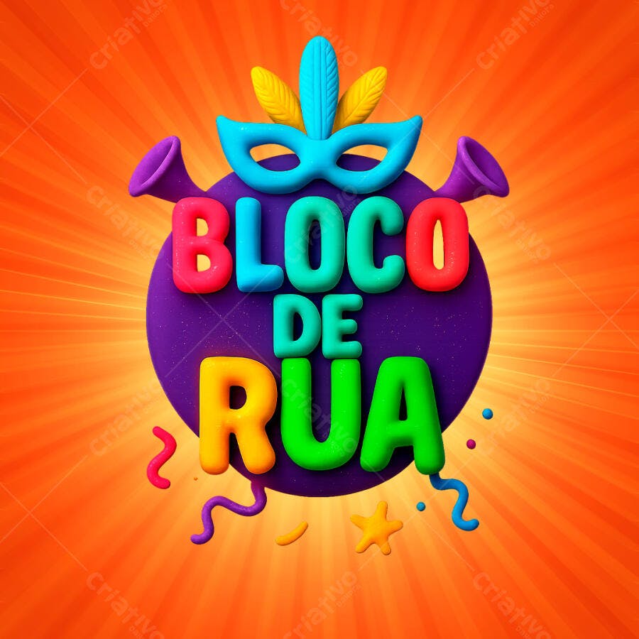 Selo 3D Bloco de Rua Carnaval Máscara e Confetes Coloridos PNG