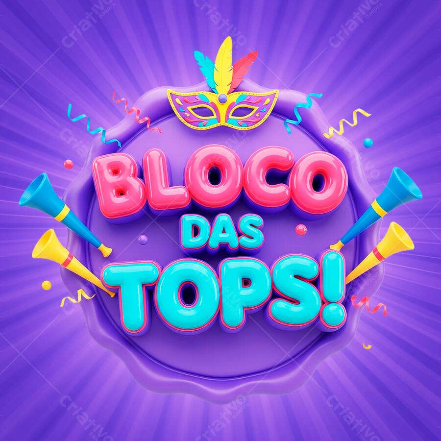 Selo 3D Bloco das Tops Carnaval Roxo Rosa Azul PNG Transparente