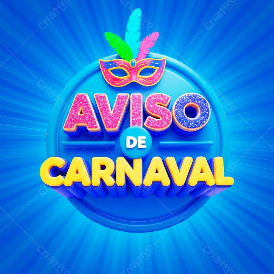 Selo 3D Aviso de Carnaval Máscara e Penas Azul Rosa Amarelo PNG