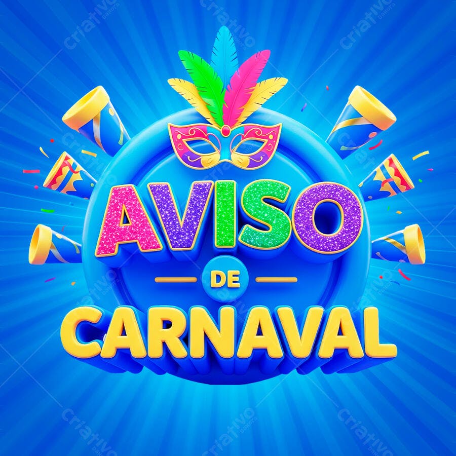 Selo 3D Aviso de Carnaval Azul e Amarelo PNG Transparente