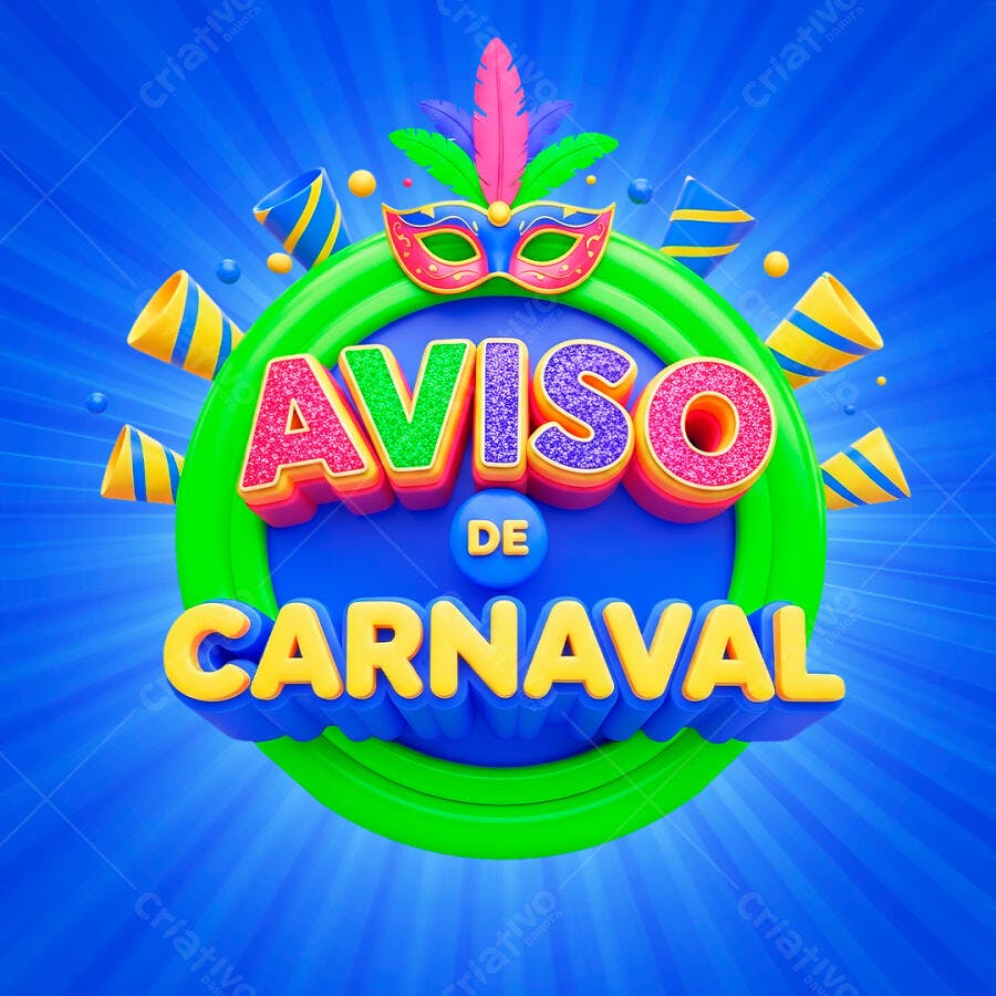 Selo 3D Aviso de Carnaval Máscara e Confete PNG