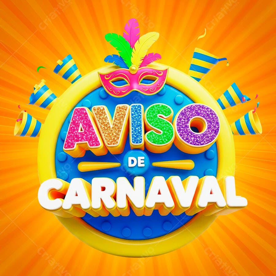 Selo 3D Aviso de Carnaval Máscara e Confetes Coloridos PNG