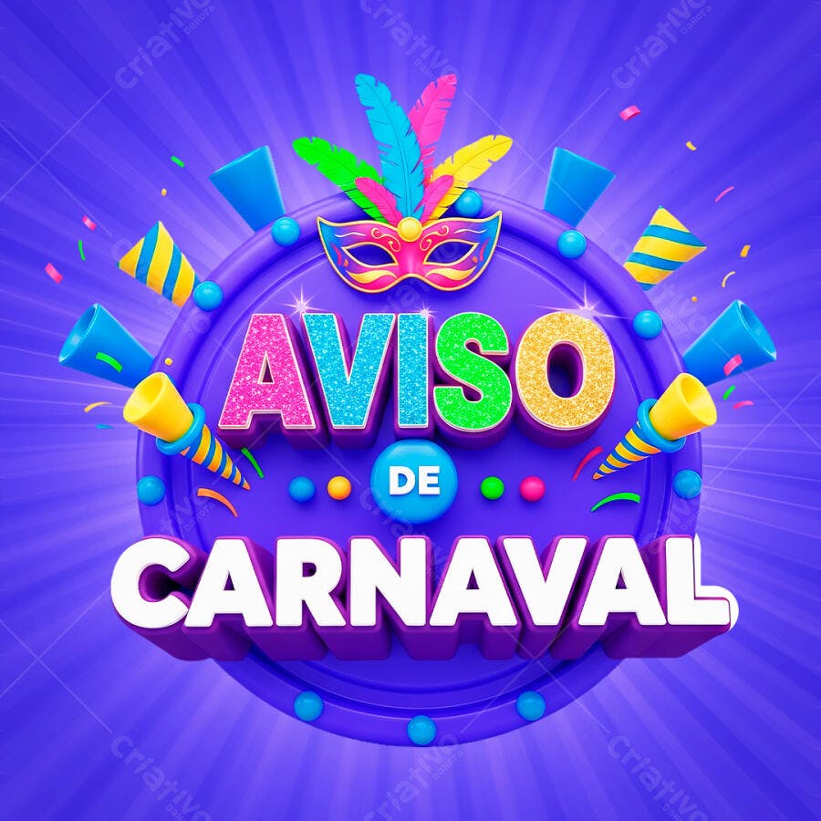 Selo 3D Aviso de Carnaval Máscara e Confetes Coloridos PNG