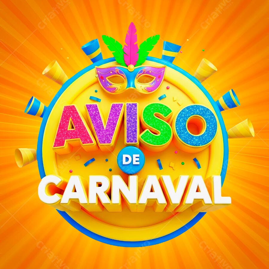 Selo 3D Aviso de Carnaval Máscara e Confete PNG Transparente