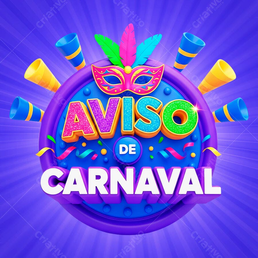 Selo 3D Aviso de Carnaval Roxo e Colorido PNG Transparente