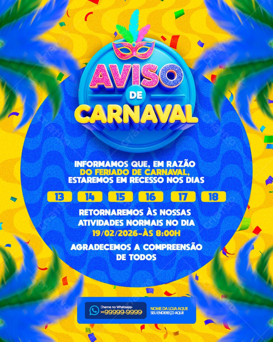 Flyer Aviso de Carnaval Recesso PSD Editável
