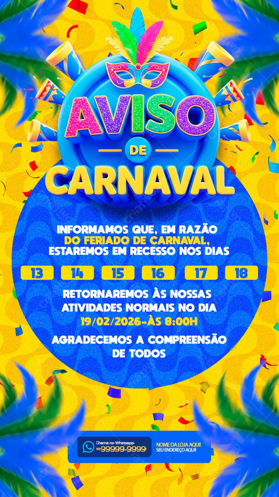Post Instagram Aviso de Carnaval Fevereiro PSD Editável