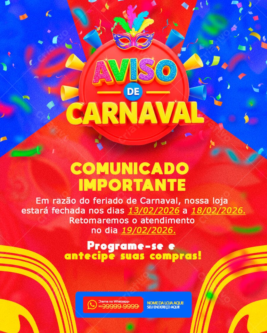 Post Instagram Aviso de Carnaval Fevereiro PSD Editável