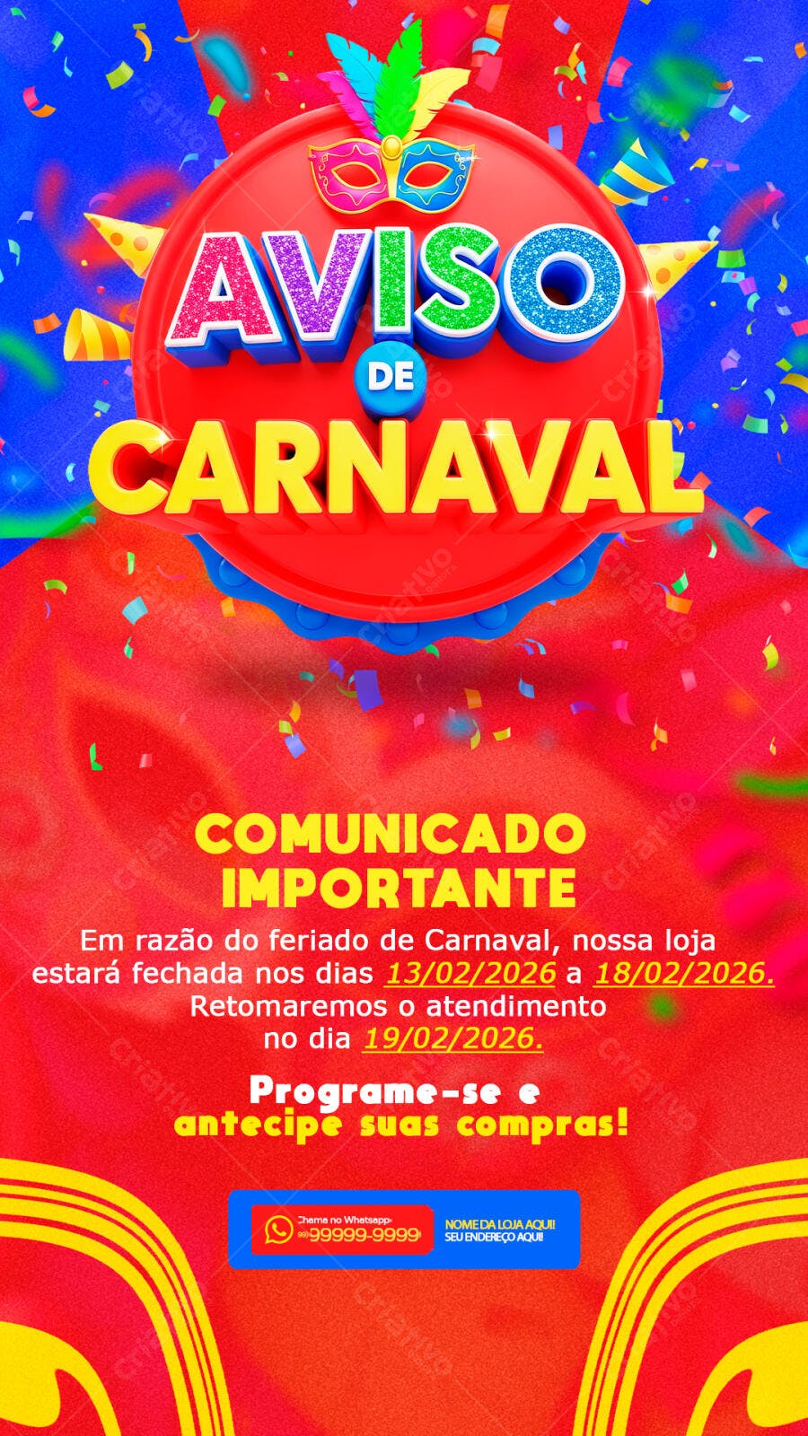 Story Instagram Aviso de Carnaval Fevereiro PSD Editável