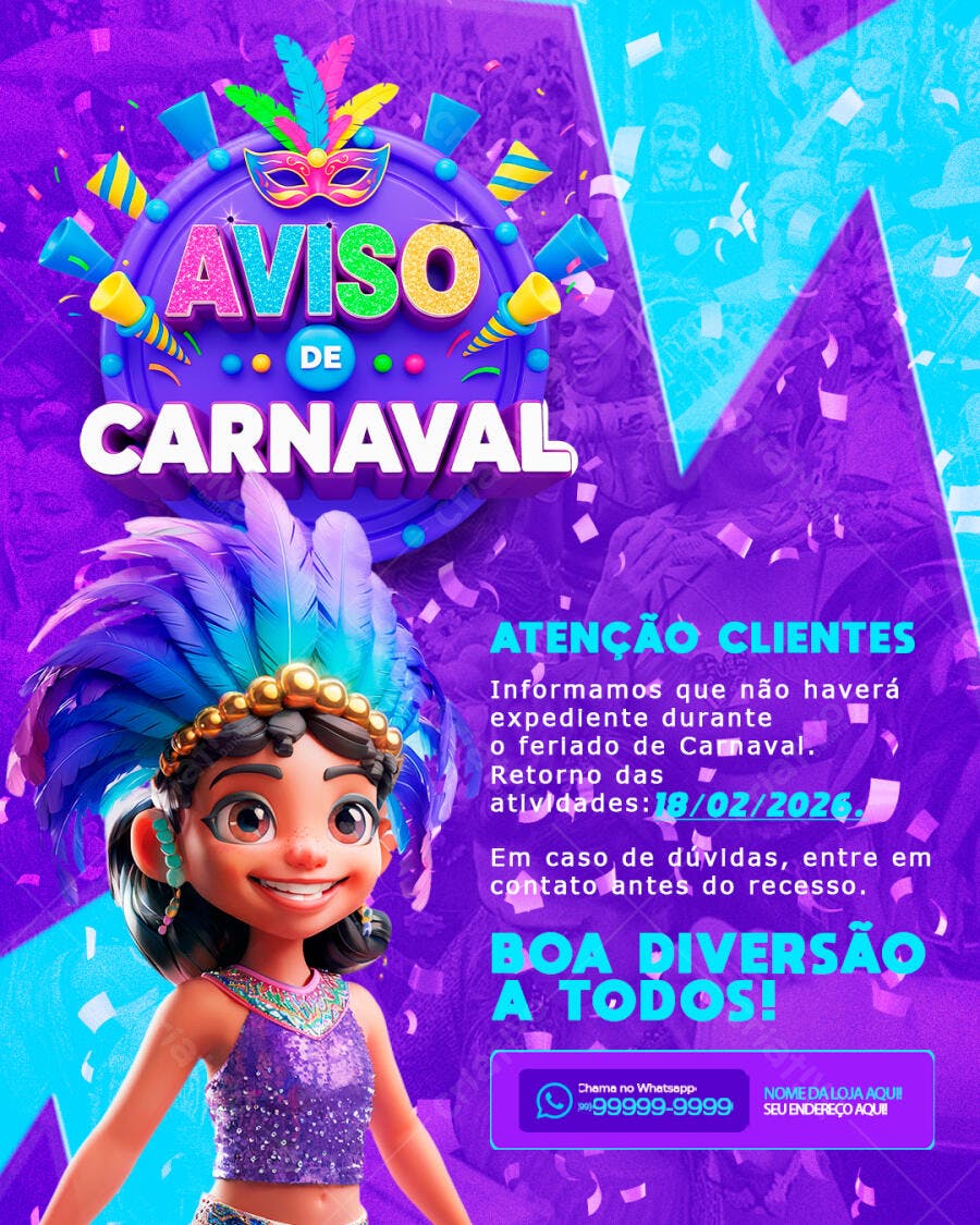 Aviso de Carnaval Fevereiro PSD Editável