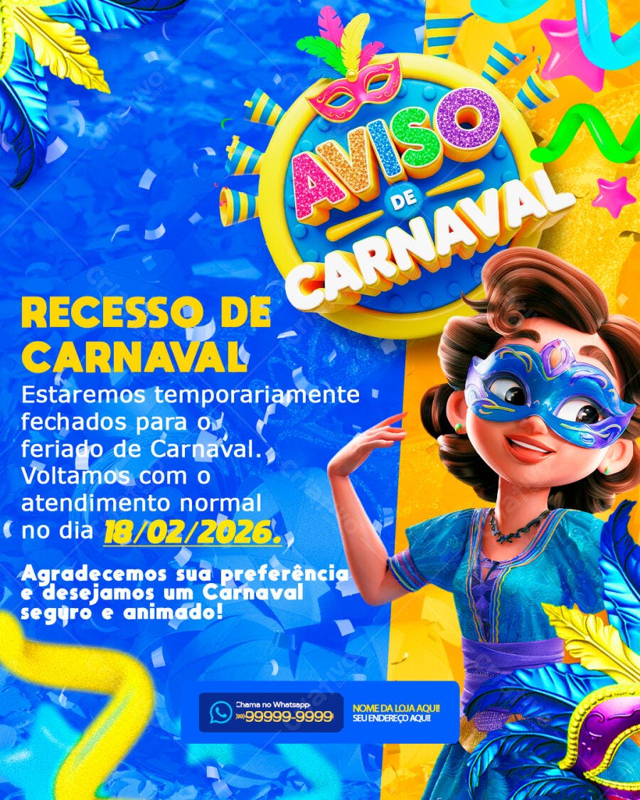 Aviso de Carnaval Recesso Fevereiro PSD Editável