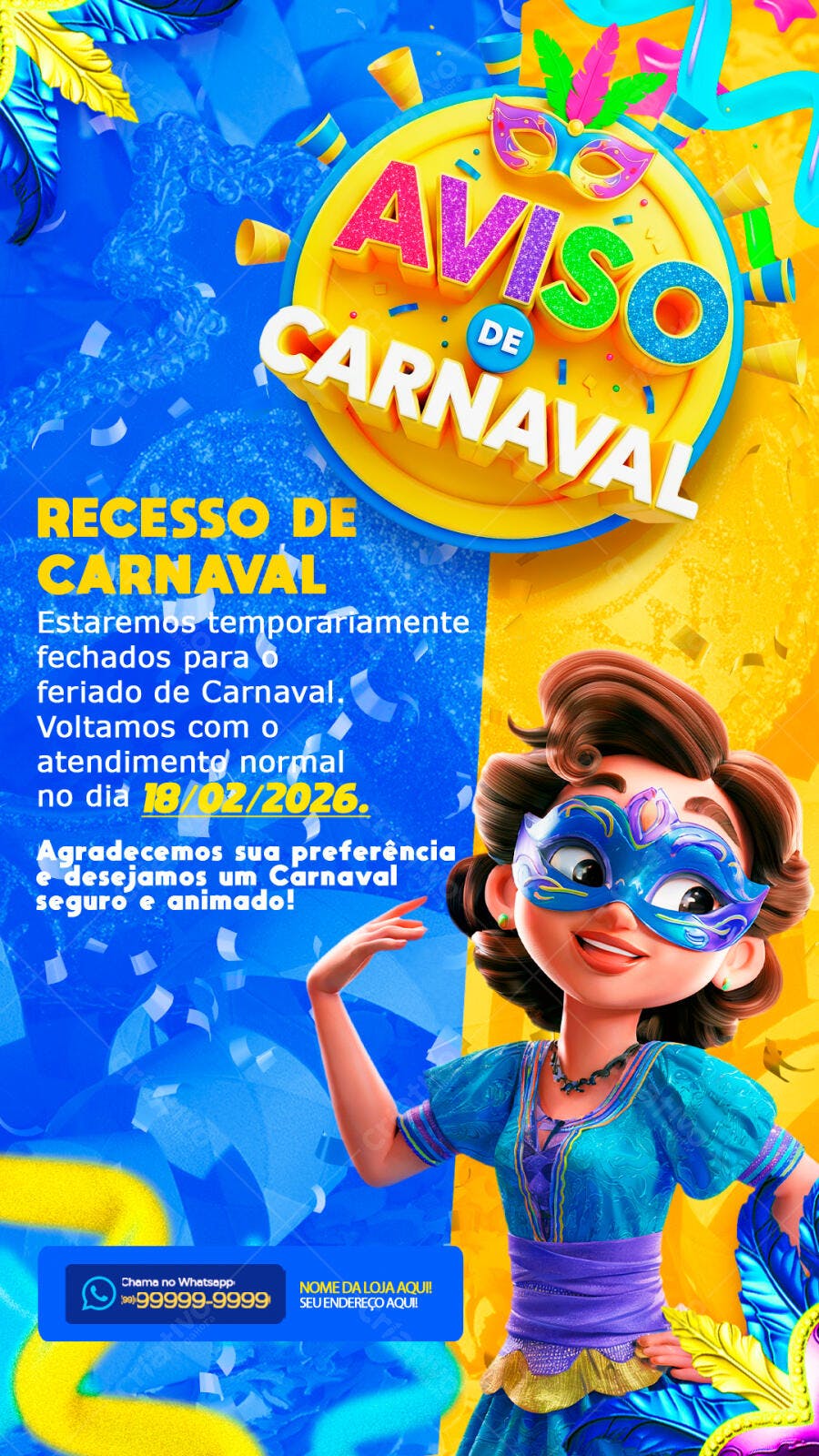 Post Instagram Aviso Recesso Carnaval PSD Editável
