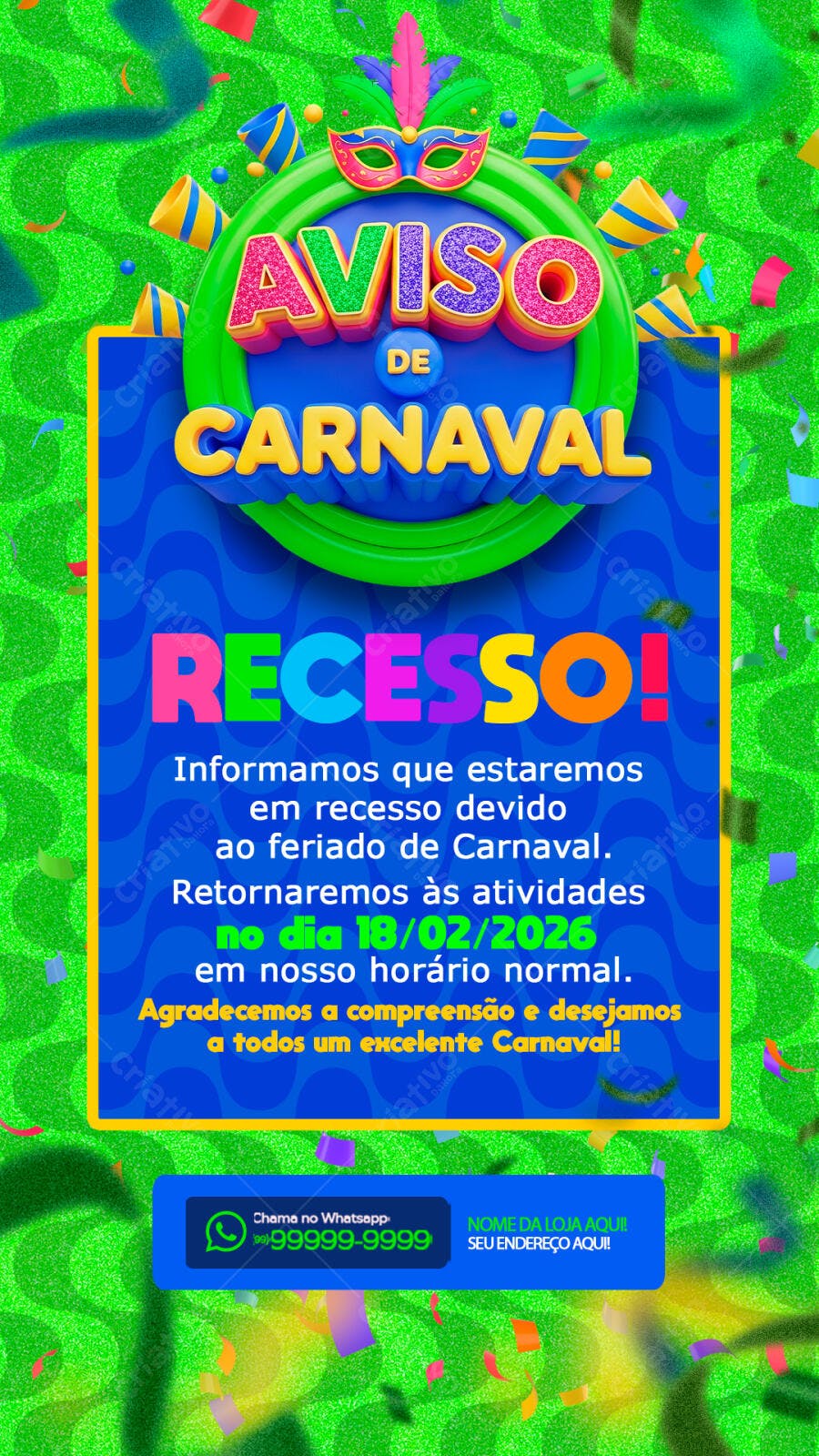Story Instagram Aviso de Carnaval Recesso PSD Editável