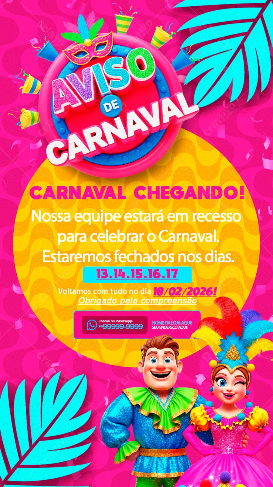 Story Instagram Aviso de Carnaval Fevereiro PSD Editável