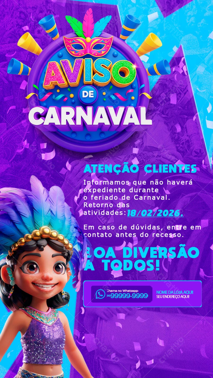 Post Instagram Aviso de Carnaval Fevereiro PSD Editável