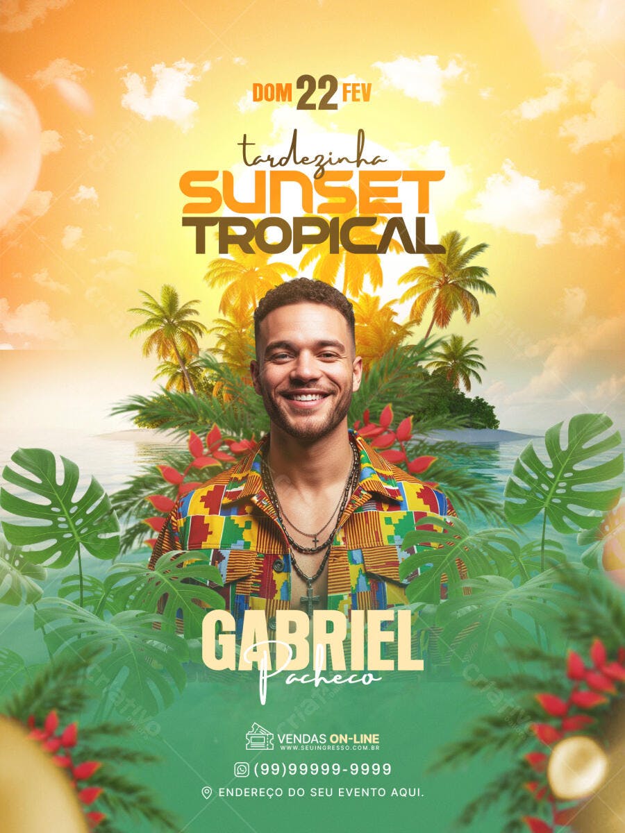 Flyer Tarde Sunset Tropical Festa Fevereiro PSD Editável