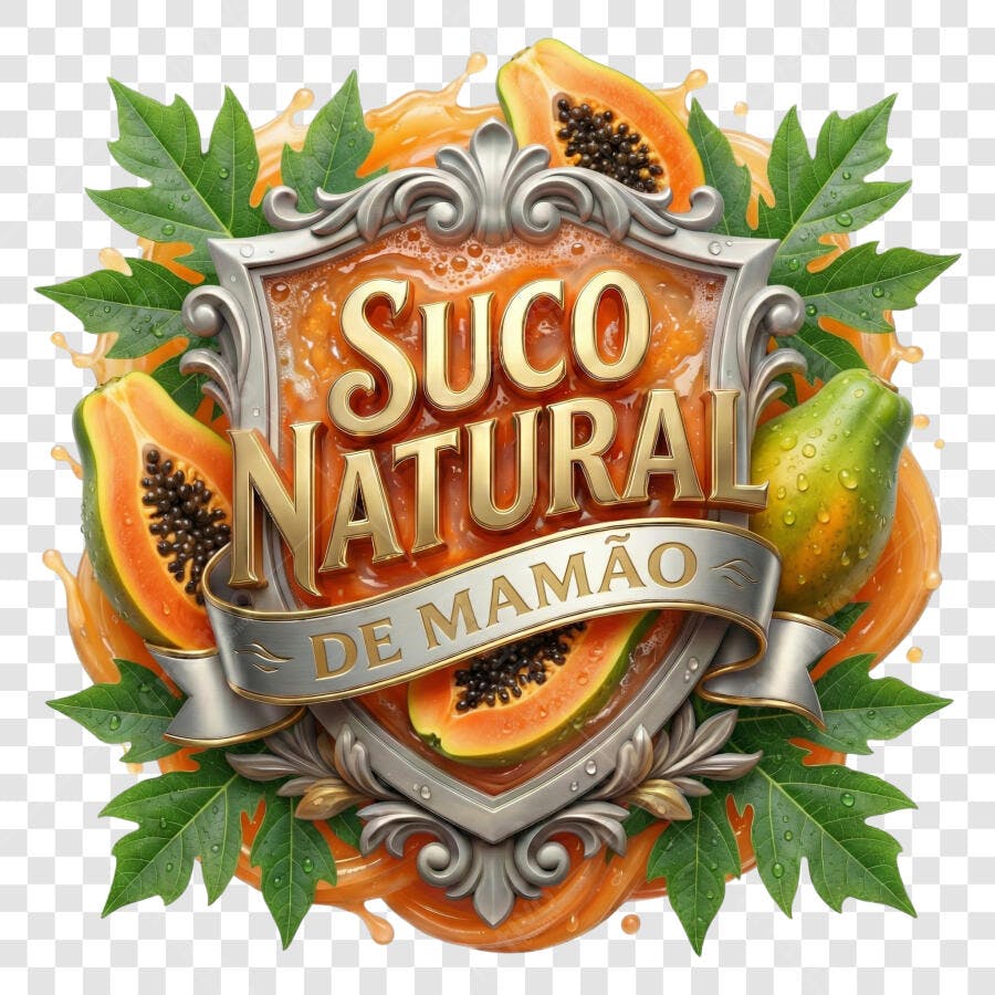 Selo 3D Suco Natural de Mamão Metalizado PNG Transparente