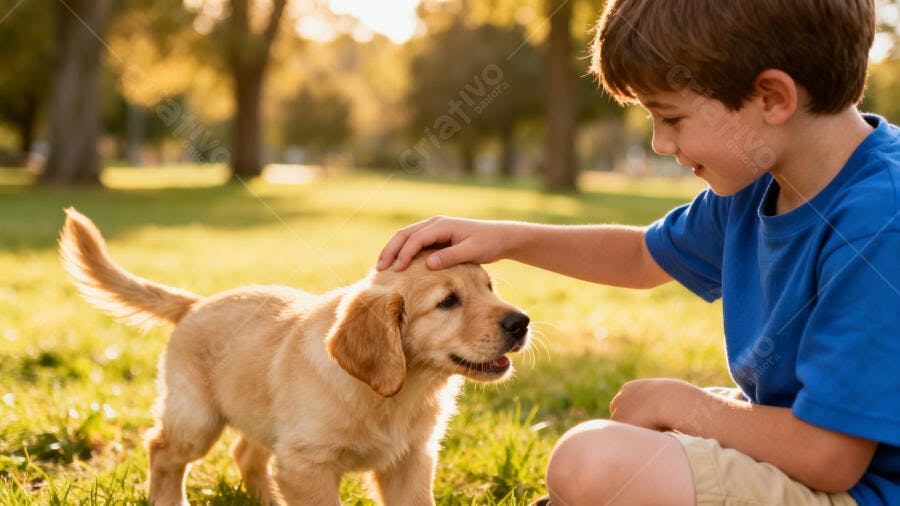 Um garoto fazendo carinho em seu cachorrinho